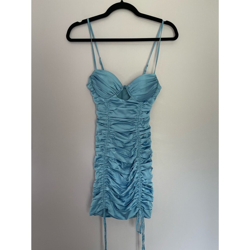 Oh Polly Satin Secrets Ruched Mini Dress in Turquoise size 2